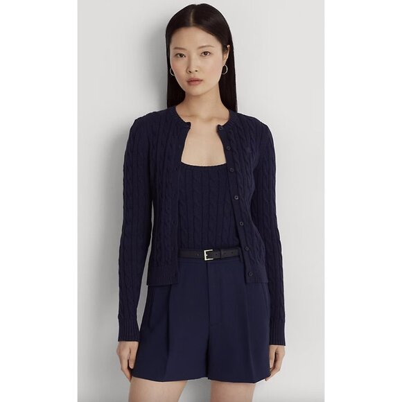Lauren Ralph Lauren Cable-Knit Cotton Cardigan Sweater in Navy Size X-Small - Picture 1 of 9